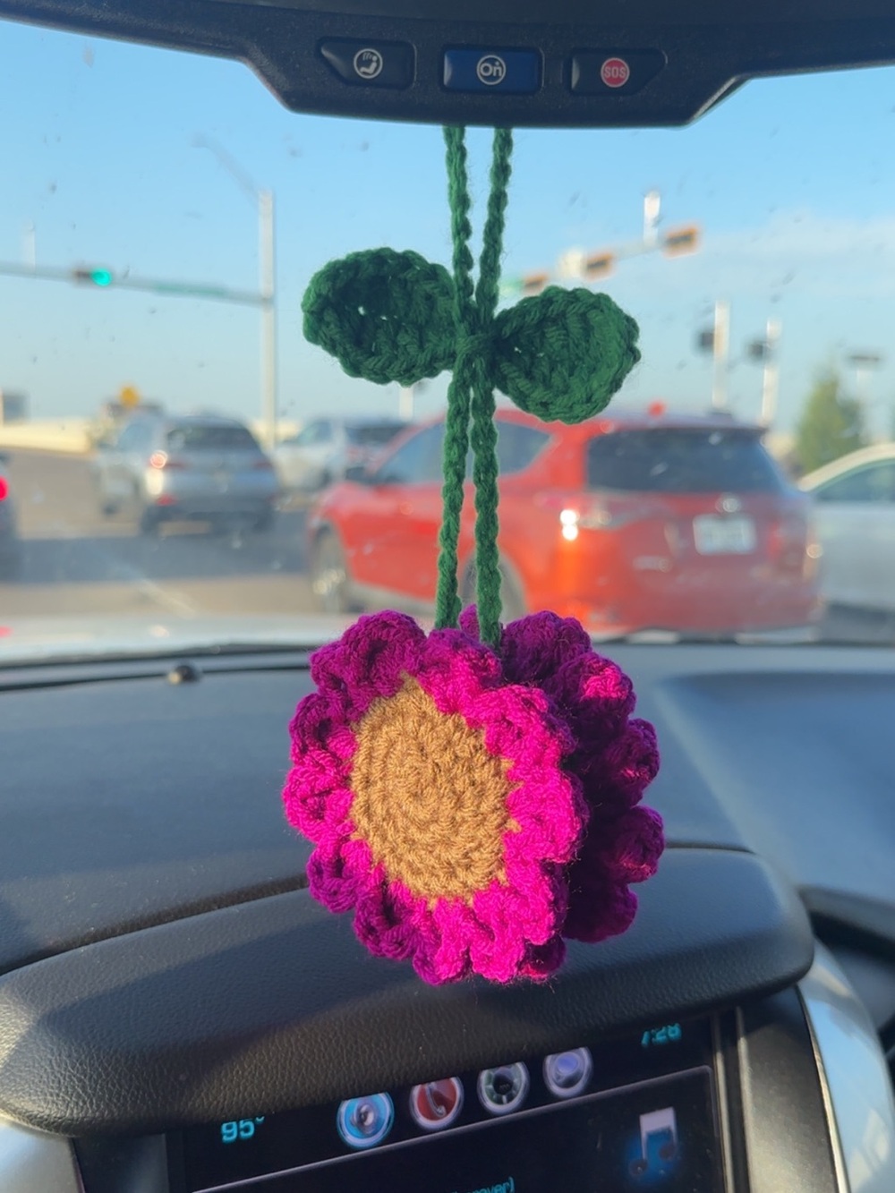 Handmade Crocheted Flower Car Charm in Fuchsia
